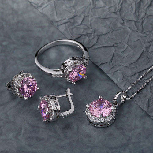 GORGEOUS  PINK AND WHITE TOPAZ CZ SET OF CHAIN, PENDANT,EARRINGS AND RING SIZE 9.5 (S 3/4)