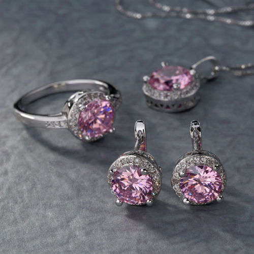 GORGEOUS  PINK AND WHITE TOPAZ CZ SET OF CHAIN, PENDANT,EARRINGS AND RING SIZE 9.5 (S 3/4)