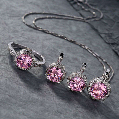 GORGEOUS  PINK AND WHITE TOPAZ CZ SET OF CHAIN, PENDANT,EARRINGS AND RING SIZE 9.5 (S 3/4)