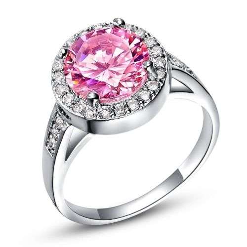 GORGEOUS  PINK AND WHITE TOPAZ CZ SET OF CHAIN, PENDANT,EARRINGS AND RING SIZE 9.5 (S 3/4)