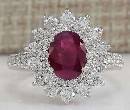 MAGNIFICENT OVAL CUT RUBY AND WHITE TOPAZ CZ  SILVER - RING SIZE 8.5 (Q 3/4)