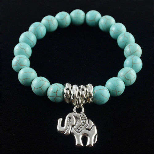 GENUINE NATURAL GEMSTONE - TURQUOISE BRACELET  WITH TIBETAN SILVER RINGS AND ELEPHANT CHARM