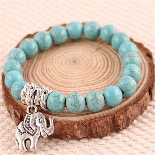 GENUINE NATURAL GEMSTONE - TURQUOISE BRACELET  WITH TIBETAN SILVER RINGS AND ELEPHANT CHARM