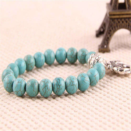 GENUINE NATURAL GEMSTONE - TURQUOISE BRACELET  WITH TIBETAN SILVER RINGS AND ELEPHANT CHARM