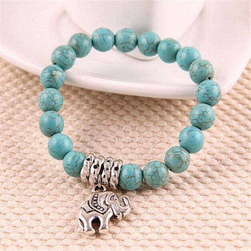 GENUINE NATURAL GEMSTONE - TURQUOISE BRACELET  WITH TIBETAN SILVER RINGS AND ELEPHANT CHARM