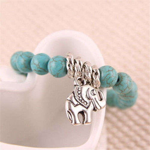GENUINE NATURAL GEMSTONE - TURQUOISE BRACELET  WITH TIBETAN SILVER RINGS AND ELEPHANT CHARM