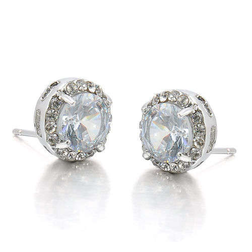 GORGEOUS WHITE SAPPHIRE CZ STONES IN WHITE GOLD PLATED CLUSTER STUD EARRINGS