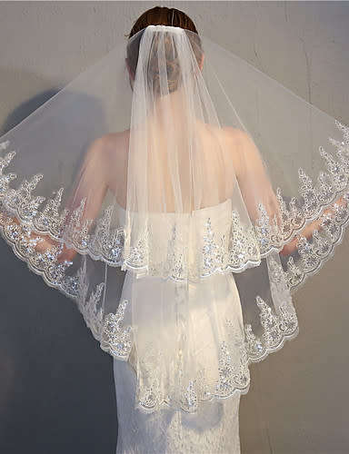 LUXURIOUS AND GORGEOUS  -  WHITE - 1 M 2 TIER  VEIL WITH LACE EDGE - WITH COMB