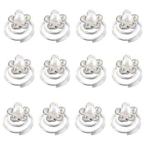 6 PCS BRIDAL HAIR JEWELLERY SET -  SPIRAL COILS WITH PEARLS AND RHINESTONE FLOWERS  - HAIR ACCESSORY