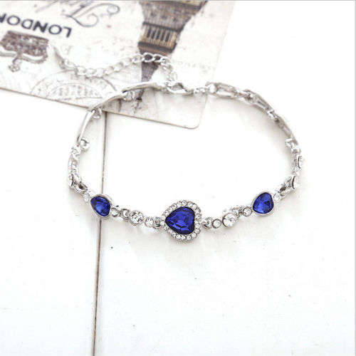 3 SPARKLING SAPPHIRE  RHINESTONES HEARTS ON  WHITE RHINESTONE LINK  BRACELET  BRIDAL JEWELLERY