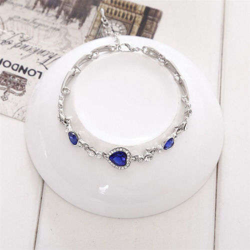 3 SPARKLING SAPPHIRE  RHINESTONES HEARTS ON  WHITE RHINESTONE LINK  BRACELET  BRIDAL JEWELLERY