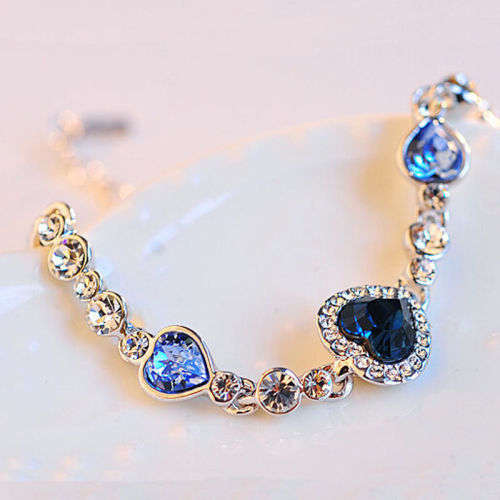 3 SPARKLING SAPPHIRE  RHINESTONES HEARTS ON  WHITE RHINESTONE LINK  BRACELET  BRIDAL JEWELLERY