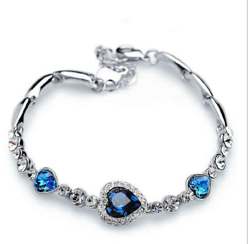 3 SPARKLING SAPPHIRE  RHINESTONES HEARTS ON  WHITE RHINESTONE LINK  BRACELET  BRIDAL JEWELLERY
