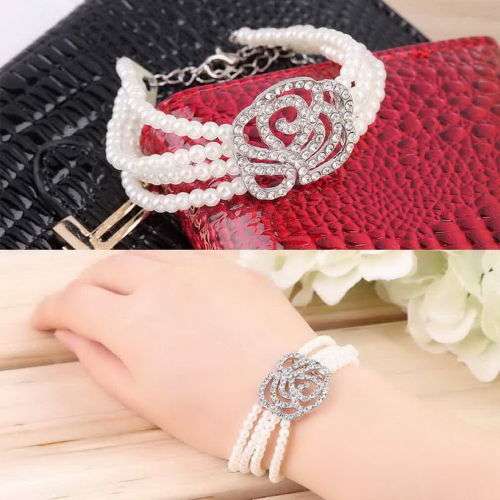 4 ROWS OF FAUX BEAUTIFUL FAUX PEARLS WITH SPARKLING ROSE RHINESTONE BRACELET  SEE MATCHING EARRINGS