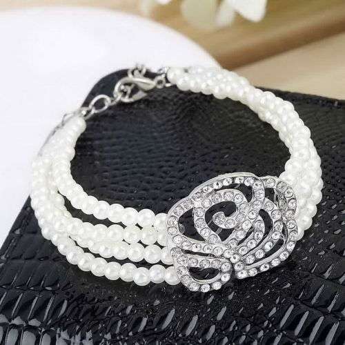 4 ROWS OF FAUX BEAUTIFUL FAUX PEARLS WITH SPARKLING ROSE RHINESTONE BRACELET  SEE MATCHING EARRINGS