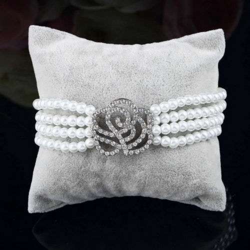 4 ROWS OF FAUX BEAUTIFUL FAUX PEARLS WITH SPARKLING ROSE RHINESTONE BRACELET  SEE MATCHING EARRINGS