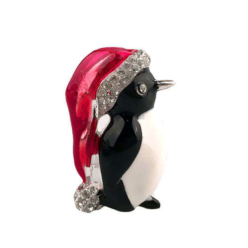 XMAS / CHRISTMAS  BROOCH - CUTE PENGUIN DRESSED UP IN HIS CHRISTMAS HAT WITH CRYSTALS
