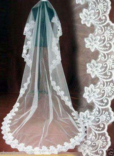 SOFT IVORY  1.5 - 2M 1 TIER AWESOME CHAPEL BRIDE`S VEIL WITH BEAUTIFUL FLORAL LACE EDGING