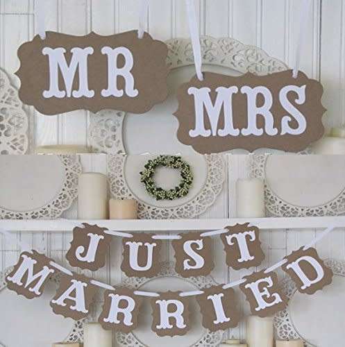 `OLD WORLD` WEDDING DAY LARGE `MR` & `MRS` SET OF SIGNS FOR CHAIR, DECOR, PHOTO PROP BROWN & WHITE