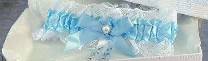 BRIDE`S  SATIN GARTER IN BLUE WITH BLUE SATIN BOW AND WHITE LACE EDGING
