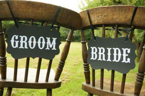 WEDDING DECOR  RECEPTION PLACING - 2 pcs BRIDE AND GROOM  - WHITE WORDING ON BLACK BACKGROUND