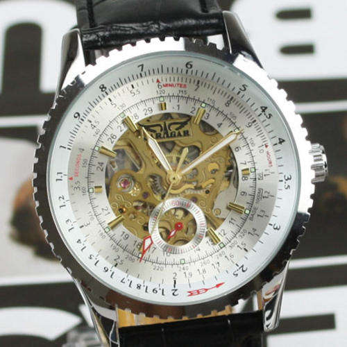 STUNNING UNIQUE ^ 2 DIALS SKELETON AUTO MECHANICAL LEATHER MEN WATCH 82