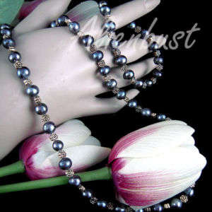GENUINE 8MM BLACK PEARL NECKLACE+BRACELET SET 46CM LONG