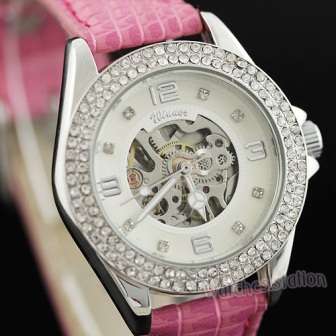 "CHRISTMAS SPECIAL" LADIES PINK LEATHER STRAP CRYSTAL FACE  SKELETON WATCH