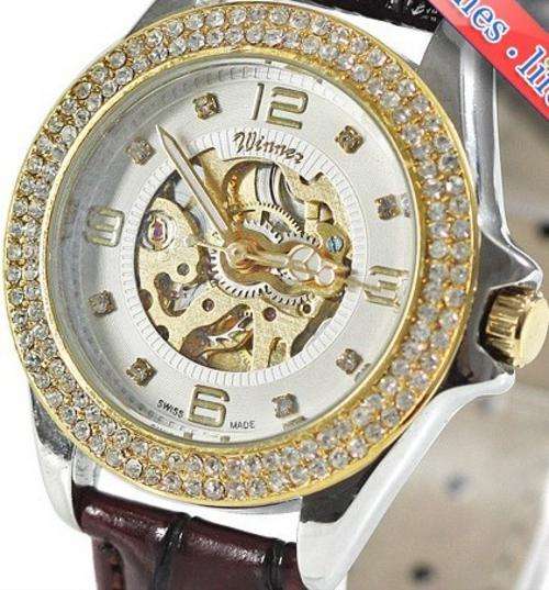 WE ARE PROUDLY THE ONLY SUPPLIER ON BOB!!!  LADIES CRYSTAL SKELETON WATCH WITH LEATHER STRAP