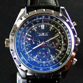 RARE BLACK FACED  WITH GLASS REFLECTING  BLUE LIGHT CHRONO 4 DIAL AUTOMATIC WATCH WITH LEATHER BAND