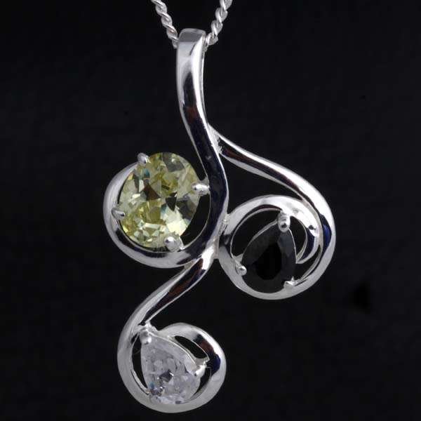 "GORGEOUS" GREEN AMETHYST, WHITE TOPAZ & BLACK ONYX CZ PENDANT IN 925 STERLING SILVER