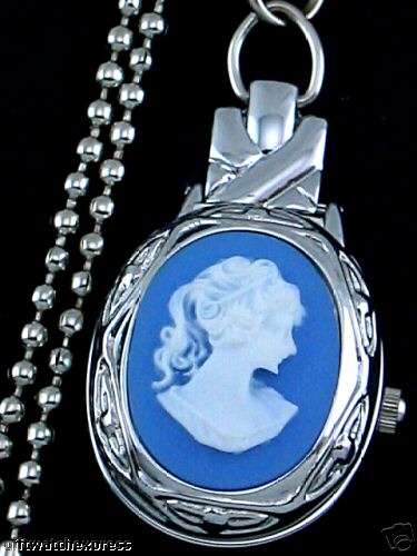 BEAUTIFUL OVAL BLUE CAMEO QUARTZ LADIES POCKET WATCH PENDANT WITH CHAIN