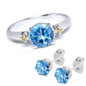 AUTHENTICITY CARD PROVIDED IMPORTED GENUINE BLUE TOPAZ & CANARY DIAMOND SET IN PURE STERLING SILVER