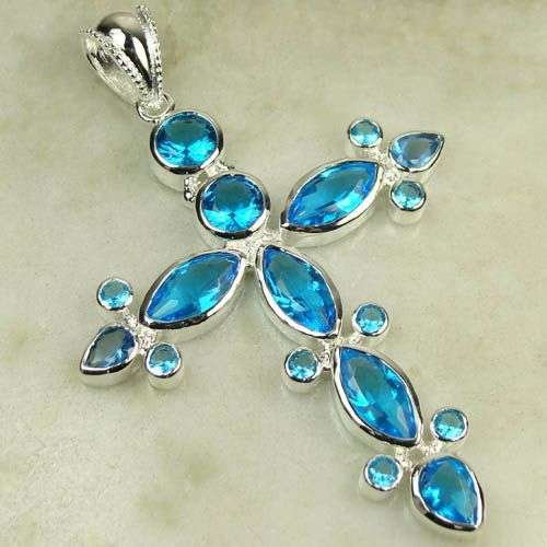 BOLD BLUE TOPAZ QUARTZ CROSS PENDANT CRAFTED IN 925 STERLING SILVER