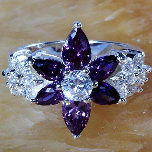 "FLOWER POWER"  AMETHYST CZ & WHITE TOPAZ CZ RING  IN HALLMARKED  925 STERLING SILVER