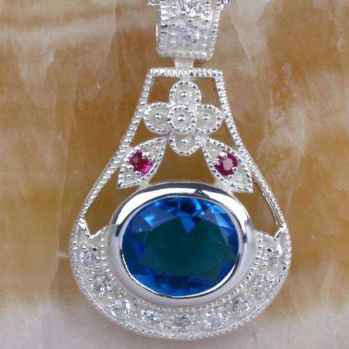 "AMAZING CLEARANCE SALE!!!"  BLUE, WHITE & GARNET QUARTZ  PENDANT -  CHAIN INCLUDED