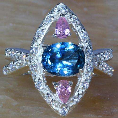 "VERY UNUSUAL"SWISS BLUE , PINK & WHITE TOPAZ CZ RING CRAFTED IN HALLMARKED 925 STERLING SILVER
