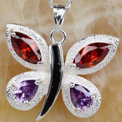 "FREE CHAIN" UNIQUE AMETHYST & GARNET QUARTZ PENDANT CRAFTED IN 925 STERLING SILVER