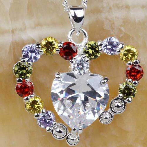 "FREE CHAIN" MULTI - COLOURED CZ  HEART PENDANT CRAFTED IN .925 STERLING SILVER