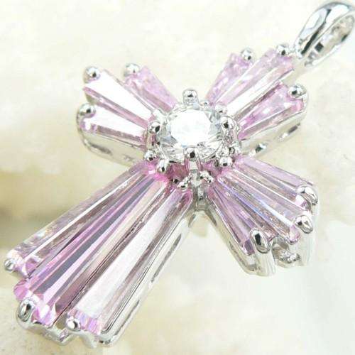ROSE QUARTZ & WHITE QUARTZ GEMSTONE CROSS PENDANT CRAFTED IN 925 STERLING SILVER