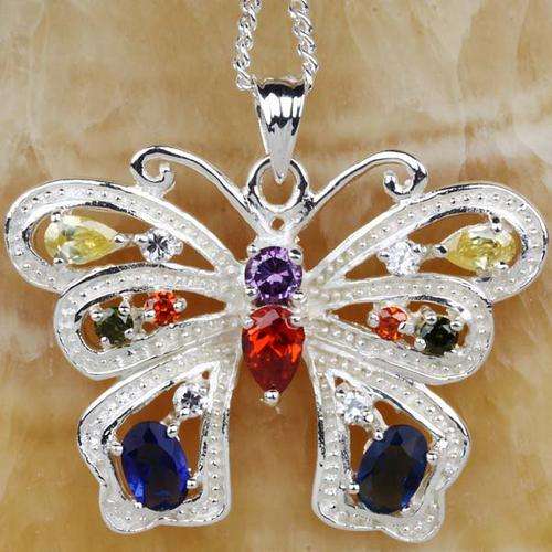 "FREE CHAIN" MULTI-GEMSTONE CZ BUTTERFLY PENDANT CRAFTED IN STERLING SILVER