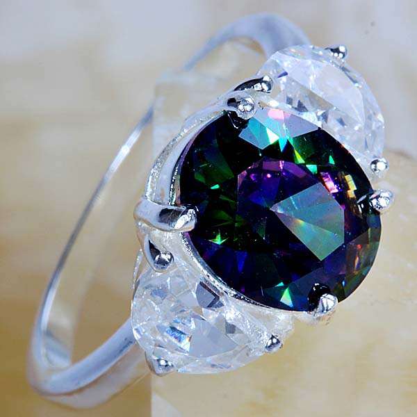 "MAGICAL"  MYSTIC TOPAZ  & WHITE QUARTZ RING CRAFTED IN .925