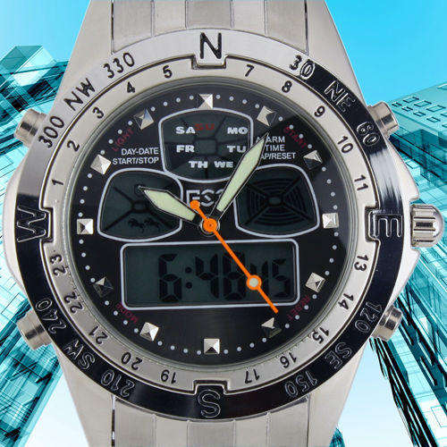 ESS MENS BLACK FACE & STEEL STRAP MULTI-FUNCTION DIGITAL SPORT WATCH