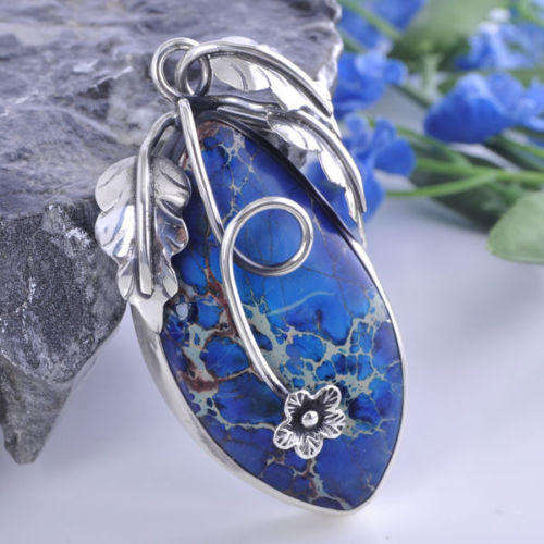 NATURAL SEA SEDIMENT JASPER BLUE VINTAGE STYLE PENDANT IN 925 STERLING SILVER
