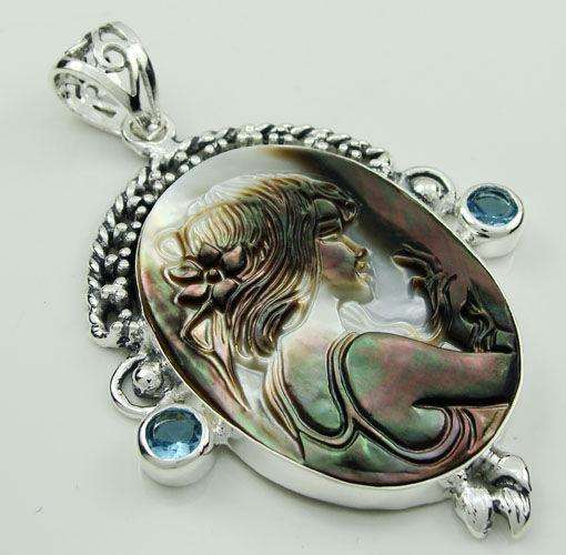 "UNIQUE" HAND CARVED NATURAL SHELL CAMEO & BLUE TOPAZ  PENDANT  IN HALLMARKED  925 STERLING SILVER