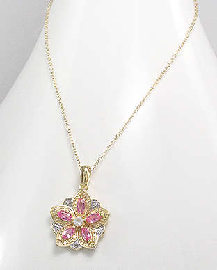 GENUINE WHITE DIAMOND & GENUINE PINK SAPPHIRE GEMSTONE PENDANT  CRAFTED IN 14K ITALIAN GOLD VERMEIL