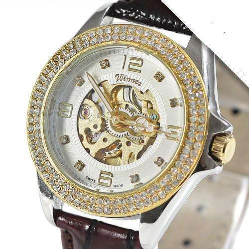 LADIES WHITE FACED SKELETON WATCH WITH BURGUNDY COLOURED  LEATHER STRAP