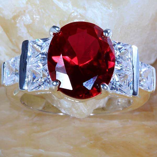 WHITE TOPAZ CZ & RUBY QUARTZ GEMSTONE SILVER RING