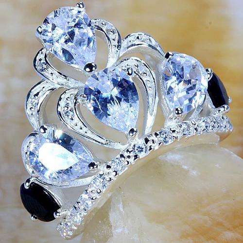 ROYAL WHITE TOPAZ  CZ & BLACK ONYX  RING  CRAFTED IN HALLMARKED 925 STERLING SILVER SZ9