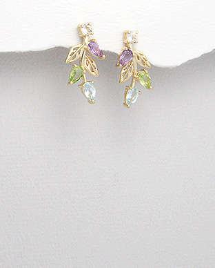 GENUINE SKY BLUE TOPAZ, AMETHYST & PERIDOT EARRINGS SET IN 14K ITALIAN GOLD VERMEIL